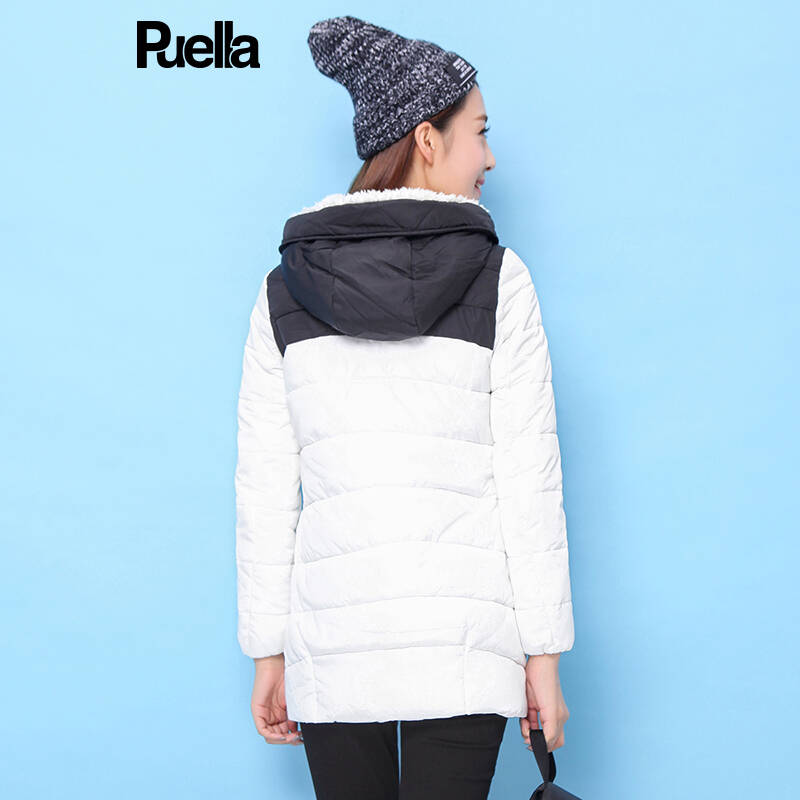 拉夏贝尔sport冬新款 动物印花大身撞色中长款棉衣 女 白色 m