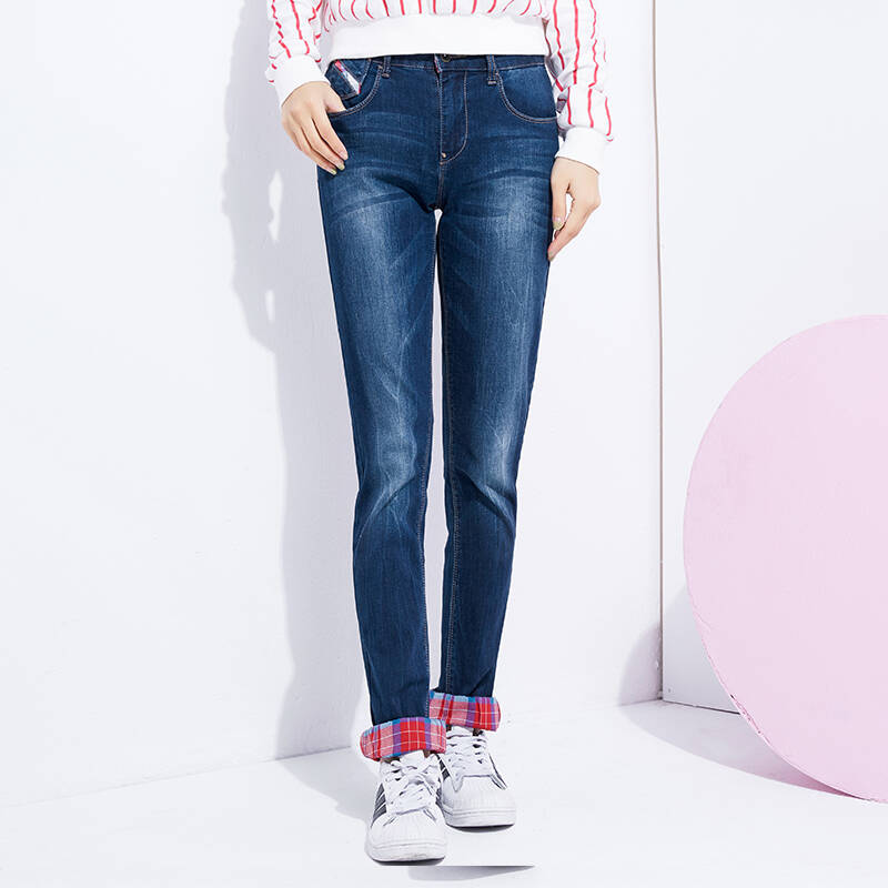 森马水洗牛仔小直筒裤女 女士中腰学生长裤韩版潮裤子 牛仔深蓝0840