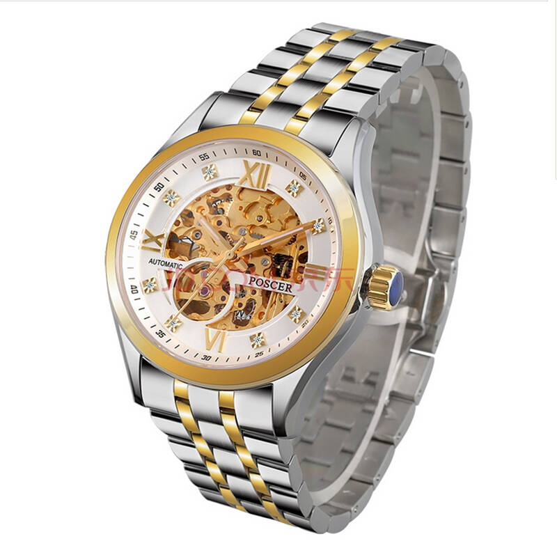 宝时捷(poscer)全自动机械表 商务手表 金带女士腕表 6082 白盘大号