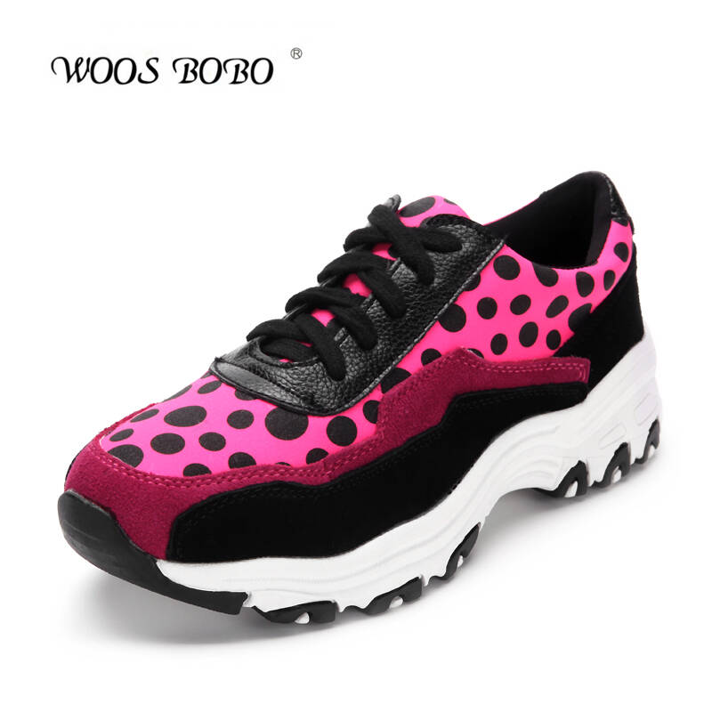 woosbobo真皮内增高运动休闲鞋女鞋2015秋季新款厚底单鞋熊猫鞋 红色
