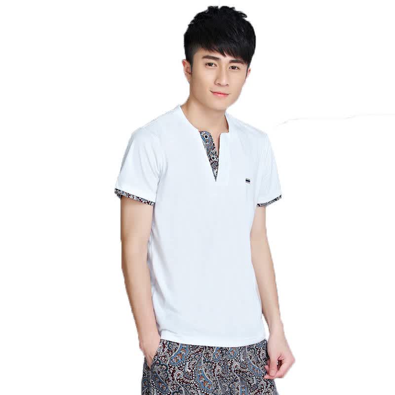夏季新款时尚运动服套装男时尚潮流v领男式时尚运动休闲套装短袖 白色