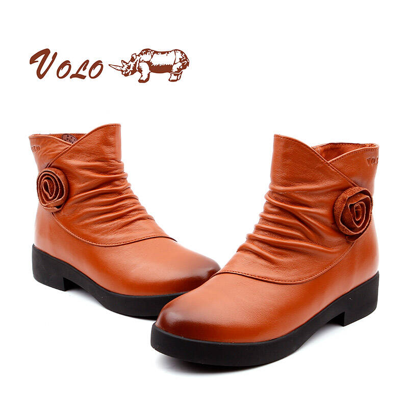 volo犀牛女鞋2015冬季新款时尚短靴平底舒适女士头层牛皮靴子中筒靴