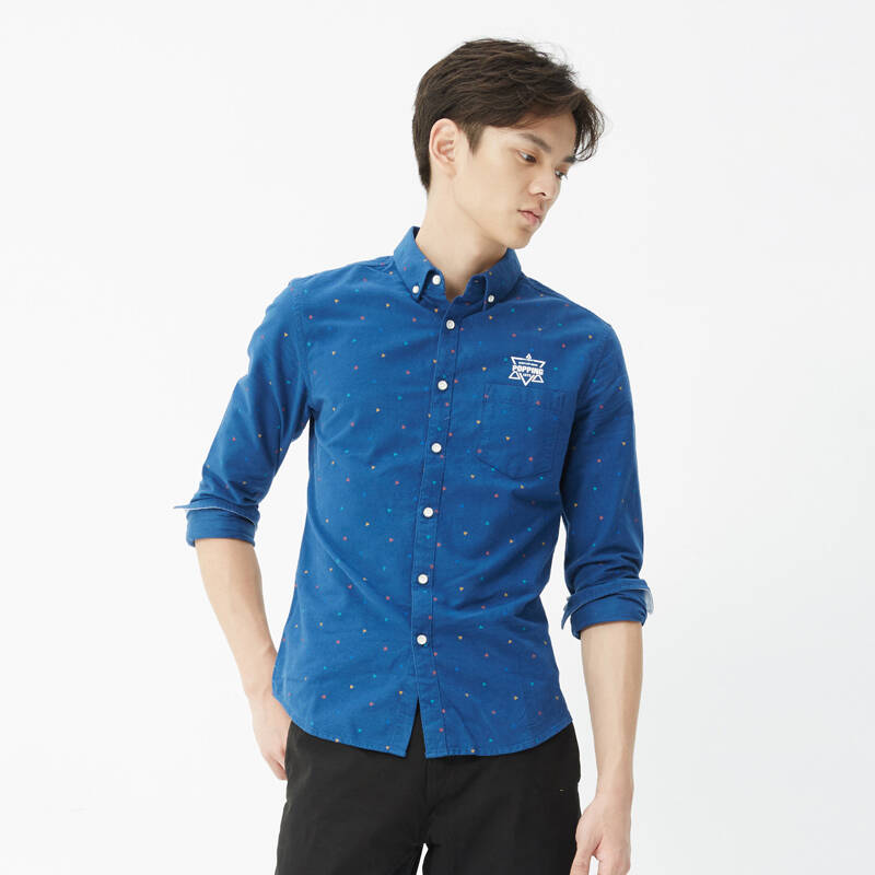 美特斯邦威2015冬装新款男几何印花长袖衬衫223469 深军蓝组 185/104b