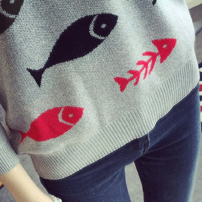 小彩鱼图案打底衫毛衣 米色 均码