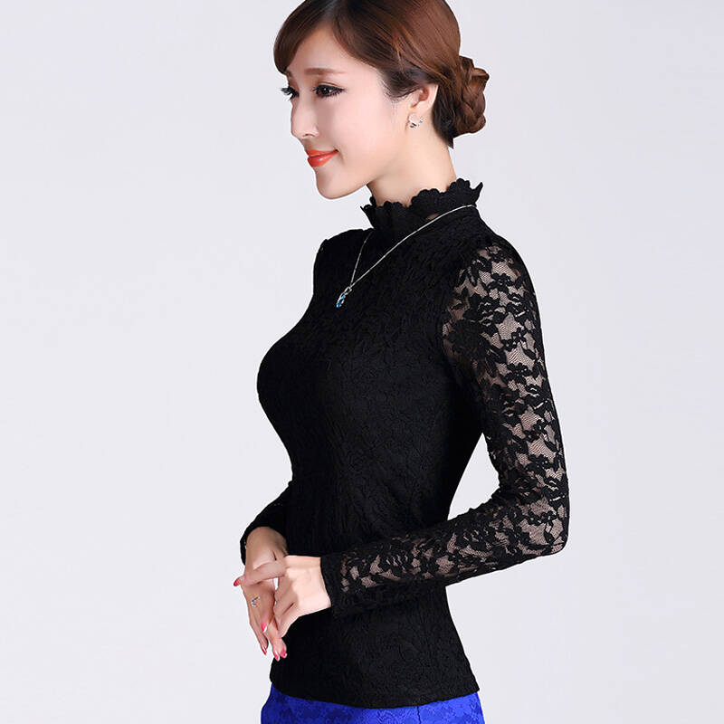 妮丝轩纺 2015立领蕾丝衫韩版修身蕾丝打底衫女长袖 黑色 xl