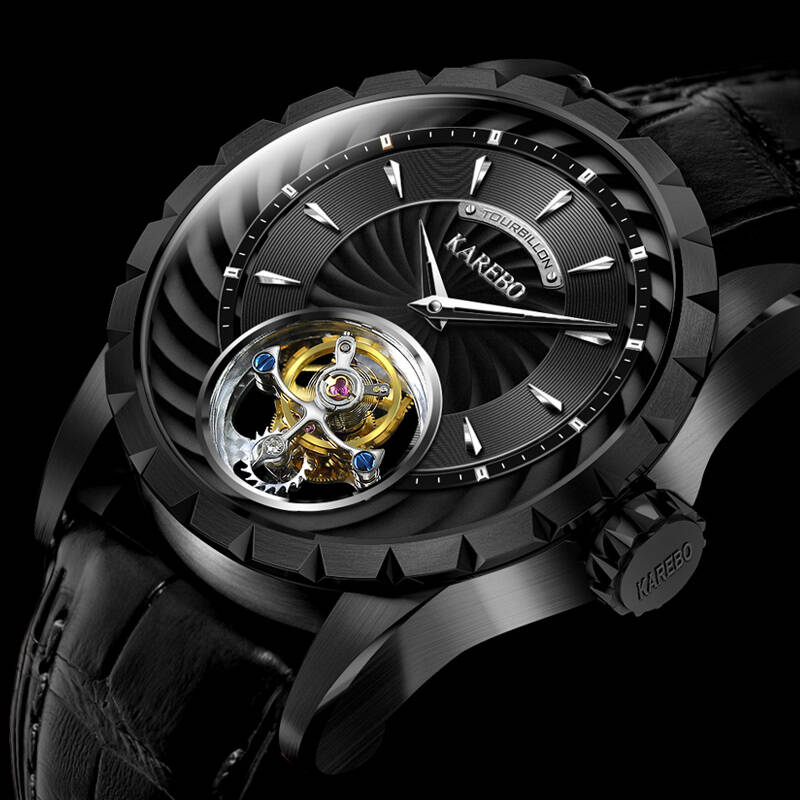 卡诺宝(karebo) 男士陀飞轮机械表超薄镂空鳄鱼皮带男表 85301 玫瑰金