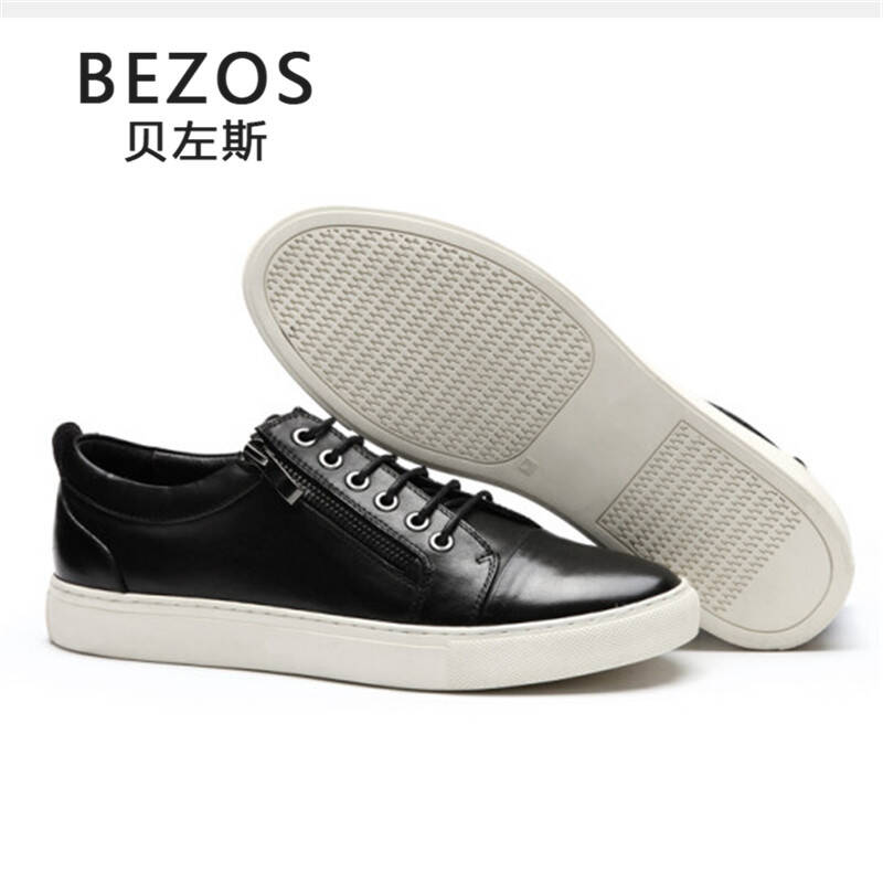 bezos贝左斯 男鞋透气日常板鞋男士休闲潮鞋系带拉链耐磨皮鞋 黑色 42