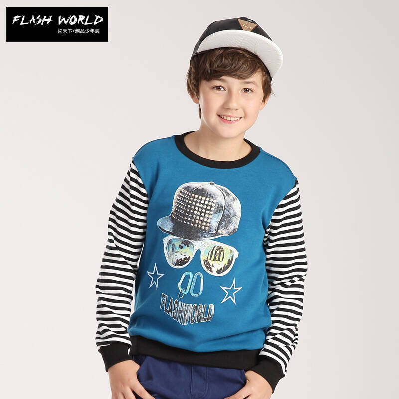 闪天下童装2016春新款中大童卡通加厚长袖t恤男童加厚卫衣儿童上衣f4