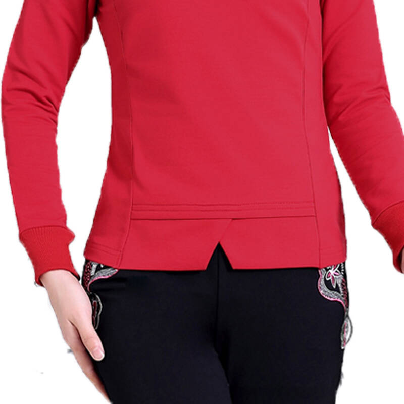 款春季新款中老年印花立领修身运动装女士大码休闲运动服1703 大红色