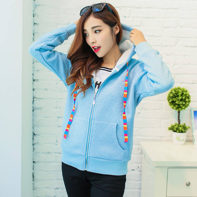 2015春秋新款连帽卫衣女 加厚宽松大码学生韩版时尚休闲短外套潮 粉红