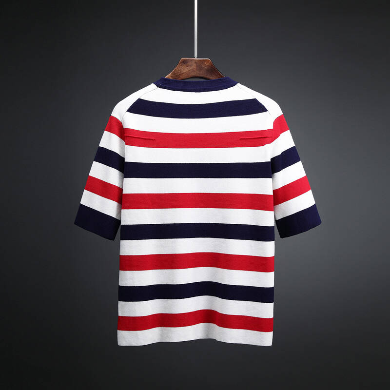 丹杰仕 英伦三色拼接原创半袖针织衫 红蓝条. xl