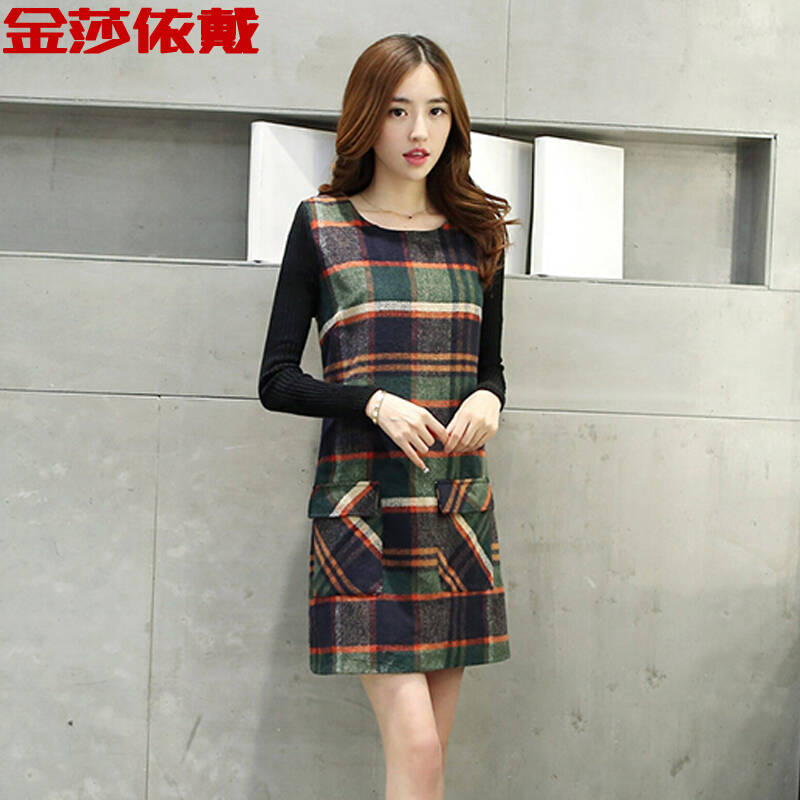 金莎依戴 春秋装韩版外套显瘦修身格子大码打底毛呢连衣裙 绿色格子 s
