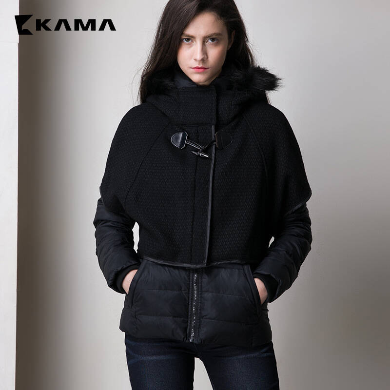卡玛kama 新款冬季女装 经典时尚连帽两件套棉服女 7415763 黑色 m