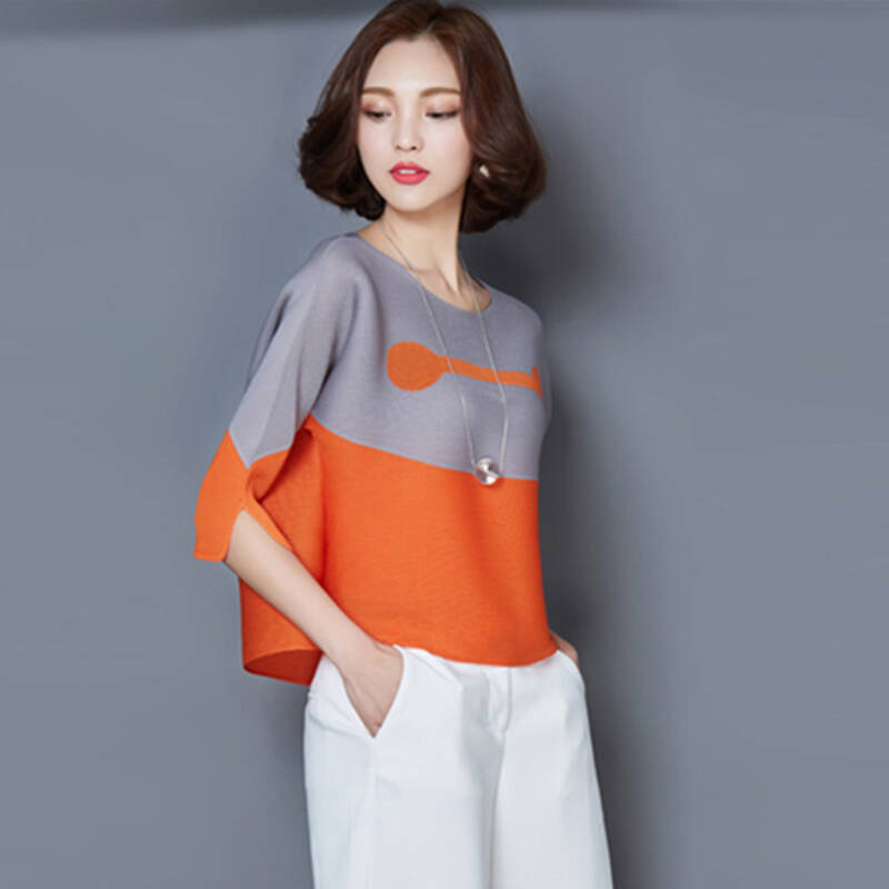 新款女t恤短款圆领宽松大码上衣 撞色女打底衫v2193 橘色 m - 京东
