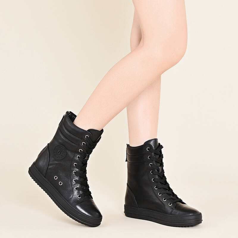 麦露迪2016秋季新款真皮高帮女靴板鞋休闲鞋潮平底系带休闲舒适厚底