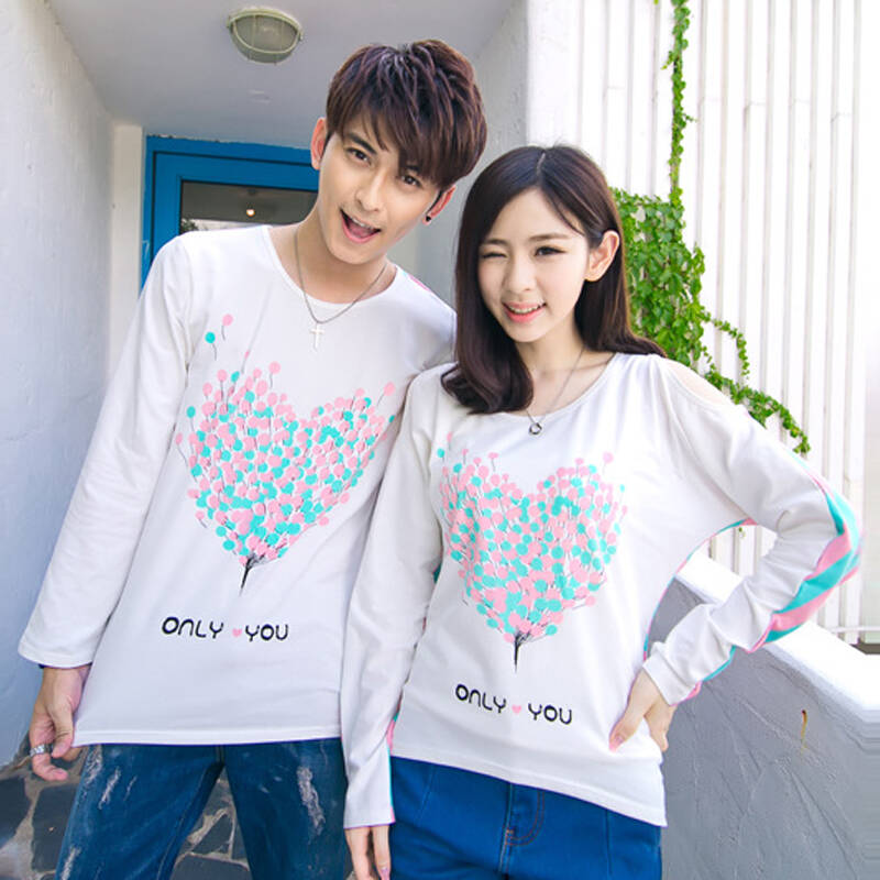 灏丽尚 秋季条纹拼色心形打底上衣纯棉露肩蝙蝠长袖t恤男女情侣装恤衫