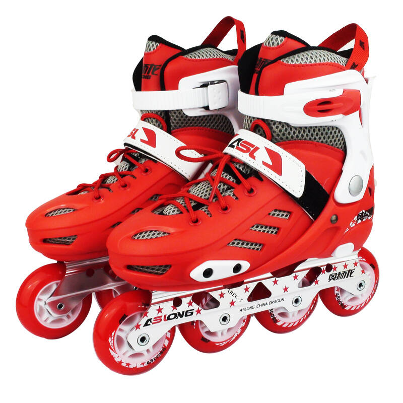 奥狮龙溜冰鞋套装儿童平花鞋可调节直排轮滑旱冰鞋 红色(套装) m码35
