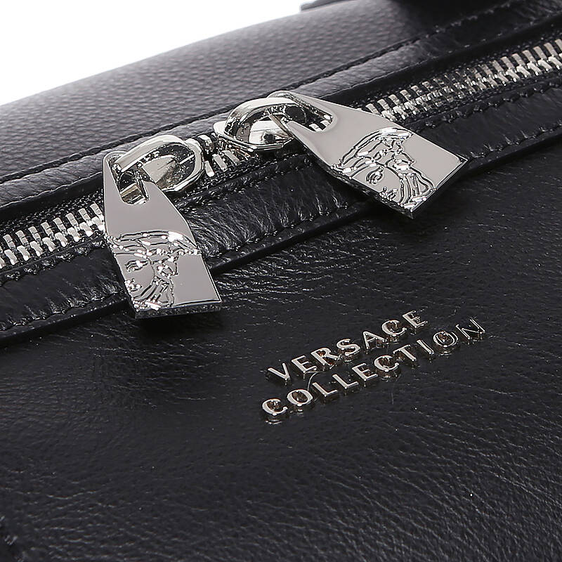 versace collection 范思哲 男士黑色尼龙银色拉链英文装饰手拎包单肩