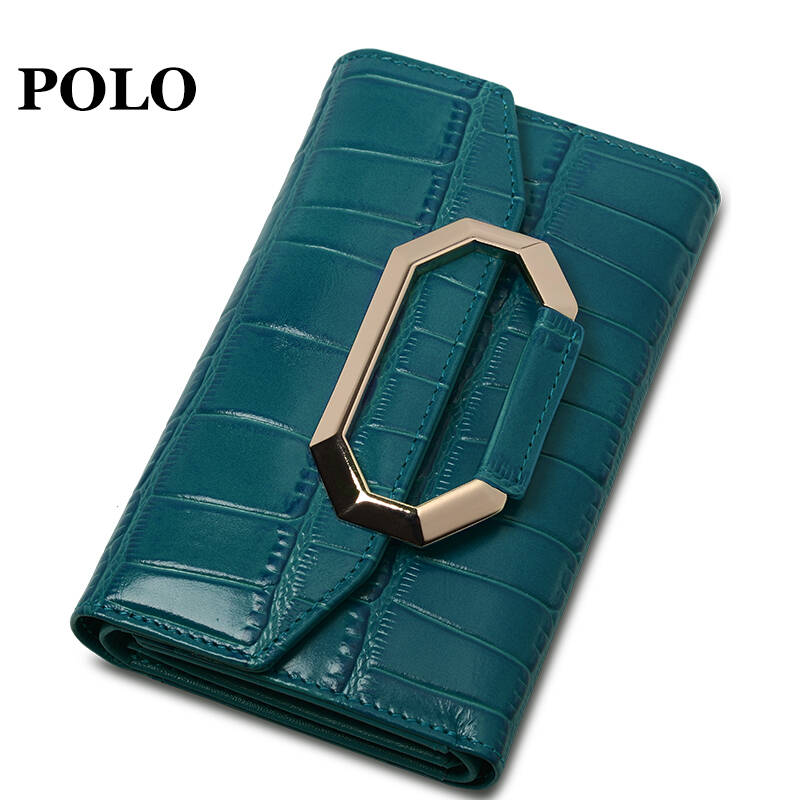 美国polo 钱包 女鳄鱼纹女士钱包真皮多卡位手拿包070011 蓝色