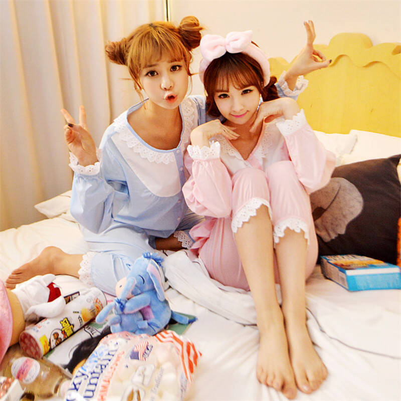 夏泽诺 女士闺蜜长袖莫代尔 棉春秋睡衣少女开衫花边家居服套装 粉红