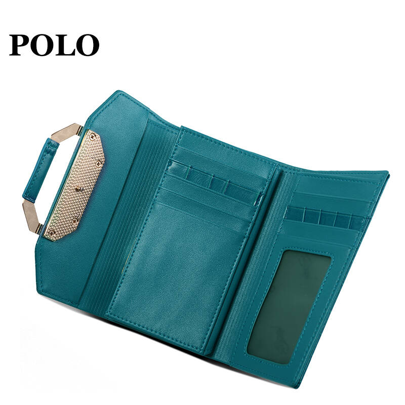 美国polo 钱包 女鳄鱼纹女士钱包真皮多卡位手拿包070011 蓝色