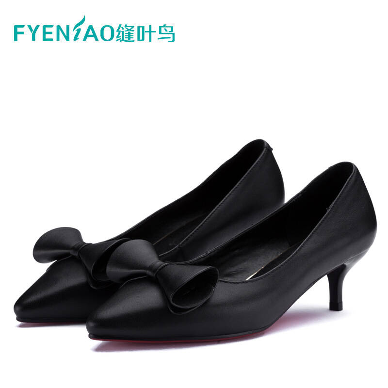 缝叶鸟2016春季新款真牛皮单鞋女带蝴蝶结尖头中跟女鞋 黑色 37