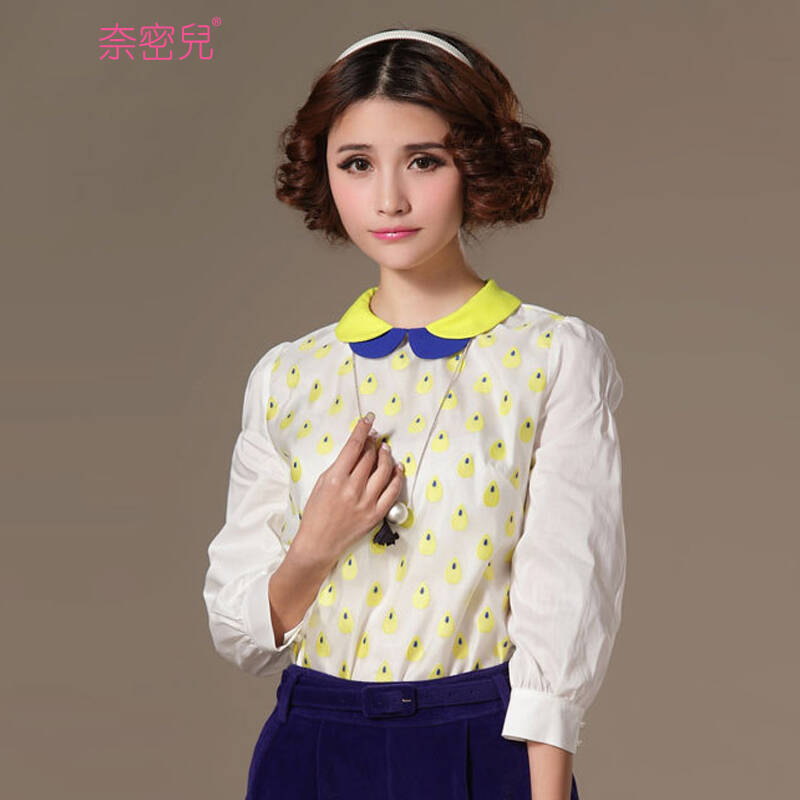 奈密儿 2014秋季女装韩版水滴花型进口纱印花娃娃领宽松女士上衣13731