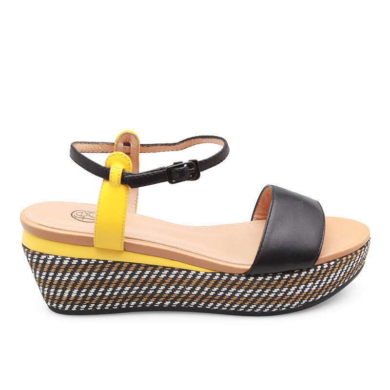 真皮女鞋编织带鞋底松糕跟坡跟凉鞋高跟低帮1600132 黑色羊皮610102