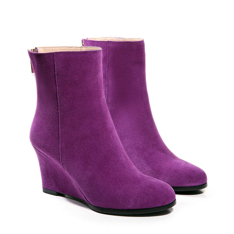 欧美秋冬新款真皮坡跟短靴女高跟磨砂皮女靴圆头侧拉链短筒靴 紫色 36