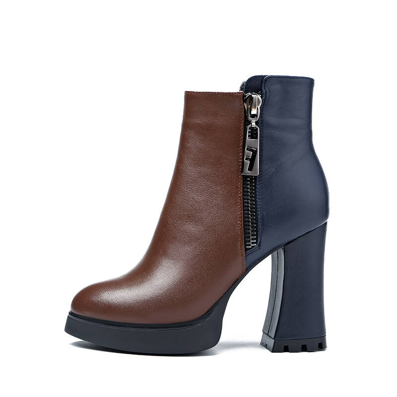 澳伦(aolun) 新款马丁靴潮女短靴英伦风超高跟拼色粗跟短筒牛皮女靴子