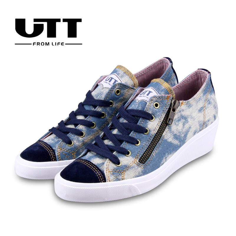 utt星路琪秋季迷彩牛仔拉链增高坡跟韩版休闲舒适系带帆布鞋女ut