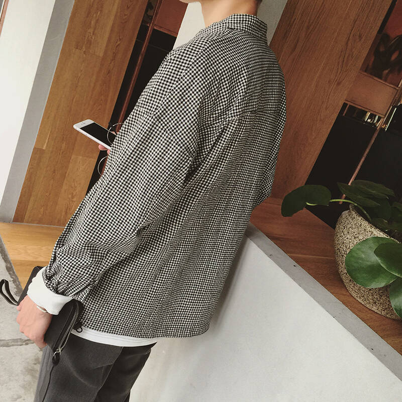 丹杰仕2015秋季男士立领长袖衬衫男士格子溜肩宽松衬衣 黑色 l.