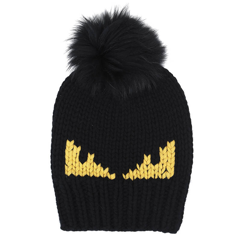 fendi芬迪男女款小怪兽羊毛狐毛球针织帽子fxq05 656x 黑色f0qa1