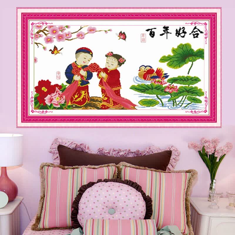 欧奈雅精准印花十字绣百年好合金童玉女结婚喜庆系列 荷花鸳鸯版