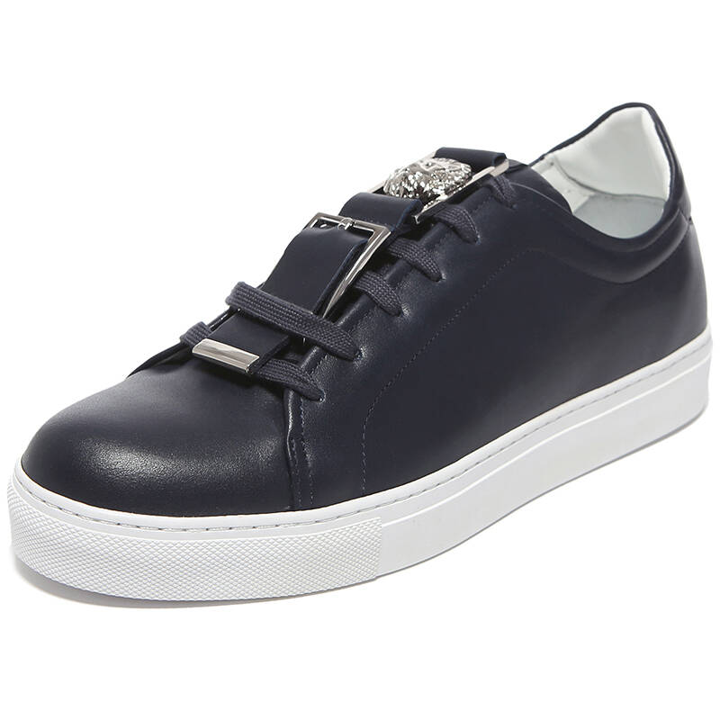 versace versus 范瑟丝 男士藏青色牛皮银色狮子装饰系带平底鞋休闲鞋