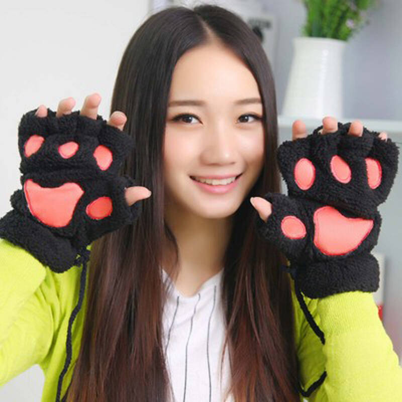 猫爪手套冬季韩版 可爱女生露指手套 加厚绒毛熊掌半指手套女冬季