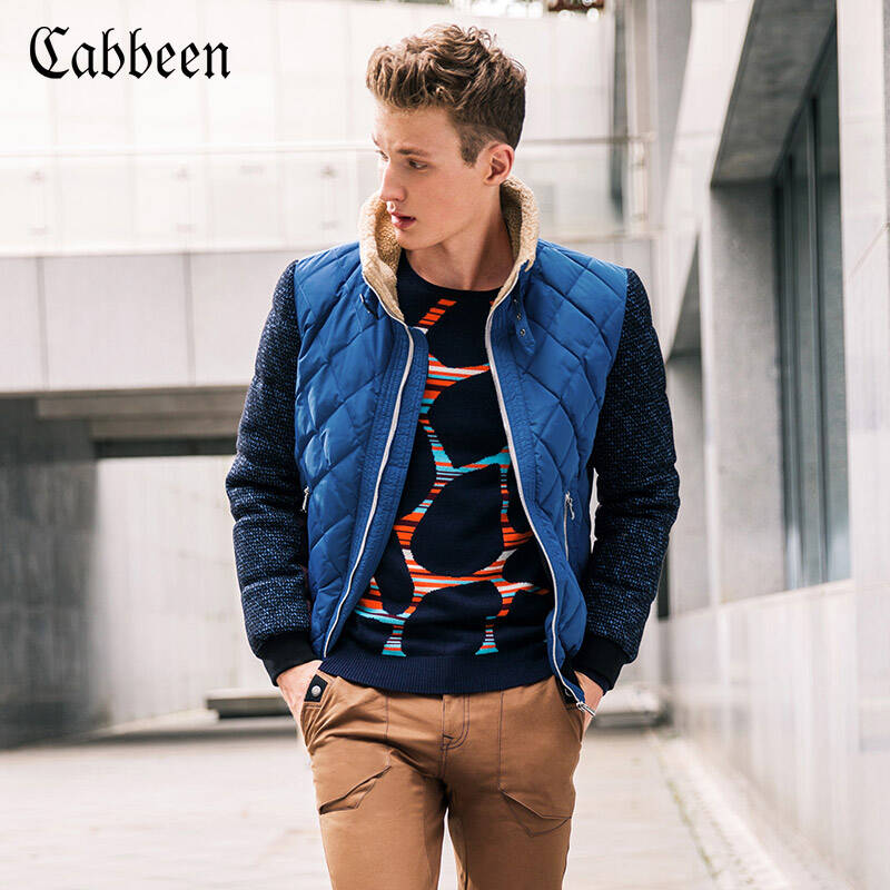 卡宾cabbeen秋冬新款 毛翻领修身羽绒外套潮男士拼接羽绒服b