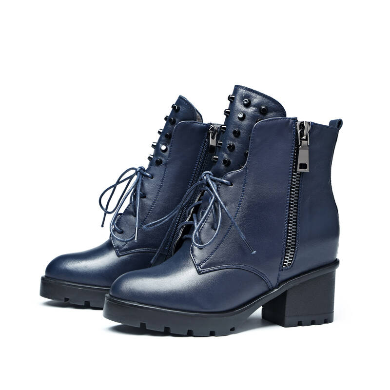 澳伦(aolun) 秋冬马丁靴女英伦风粗跟短靴牛皮高跟短筒女靴子0805