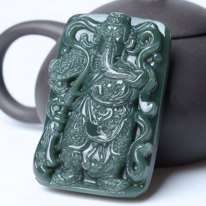 润艺珠宝 和田玉关公吊坠 男款玉石项链青玉武财神挂件玉牌 送证书