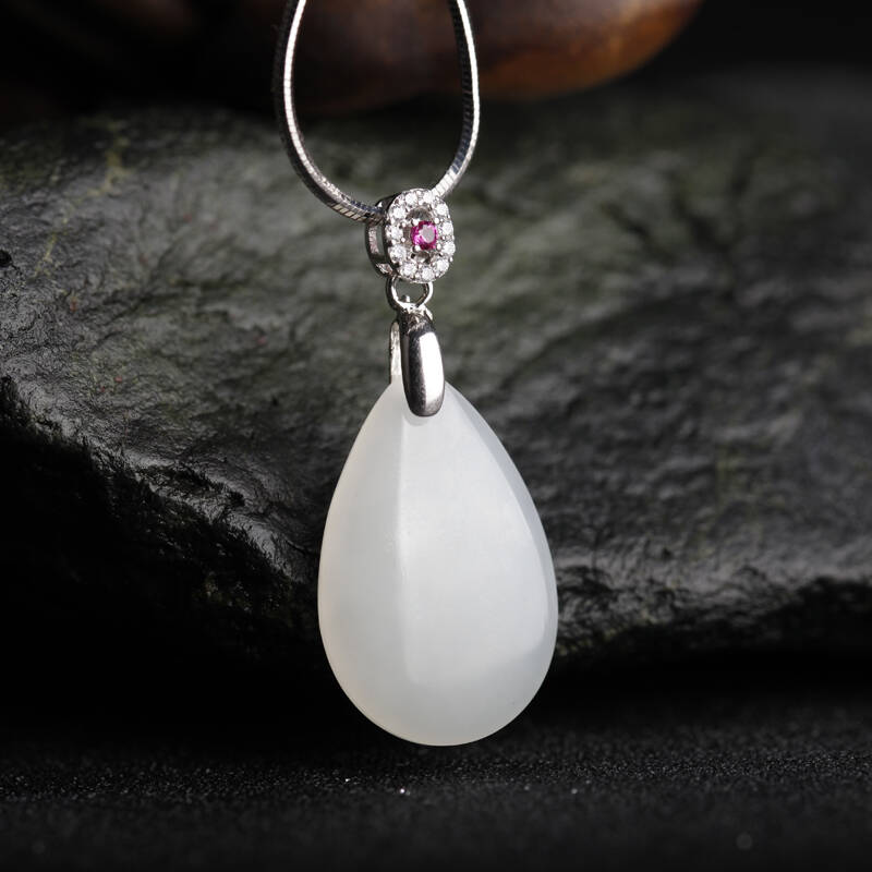 鳯飞凰 和田玉镶嵌s925银天使之泪玉石吊坠 女款玉坠 附证书 jx