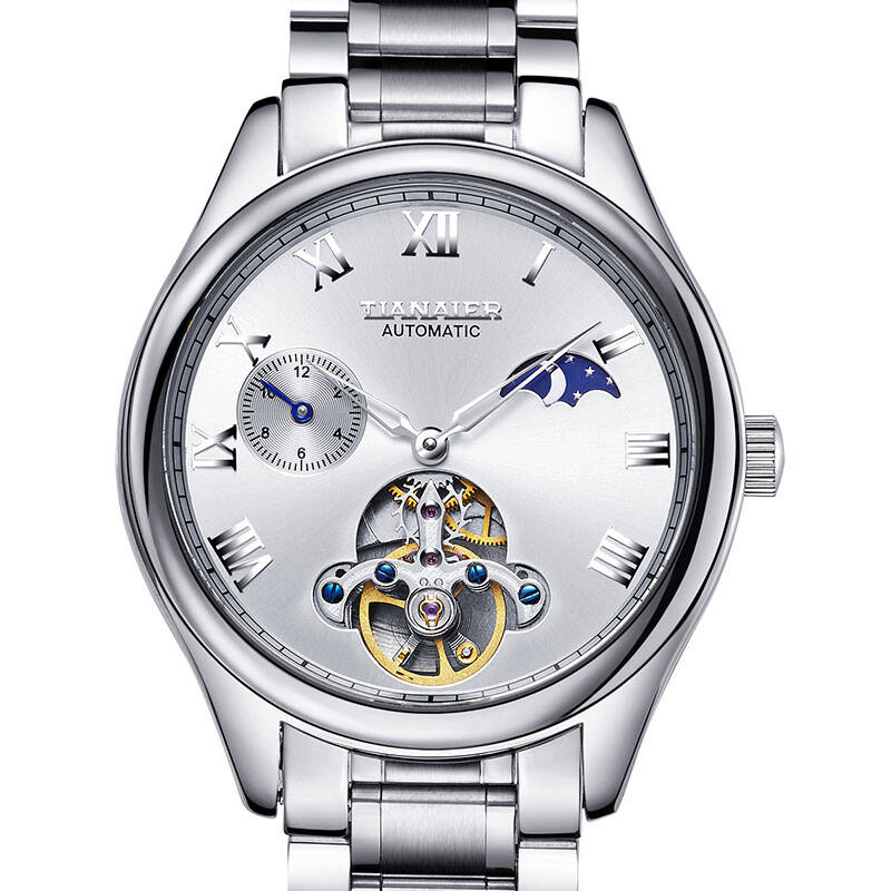 天奈尔(tianaier)手表日月星辰男表飞轮镂空男士机械表 钢带白盘