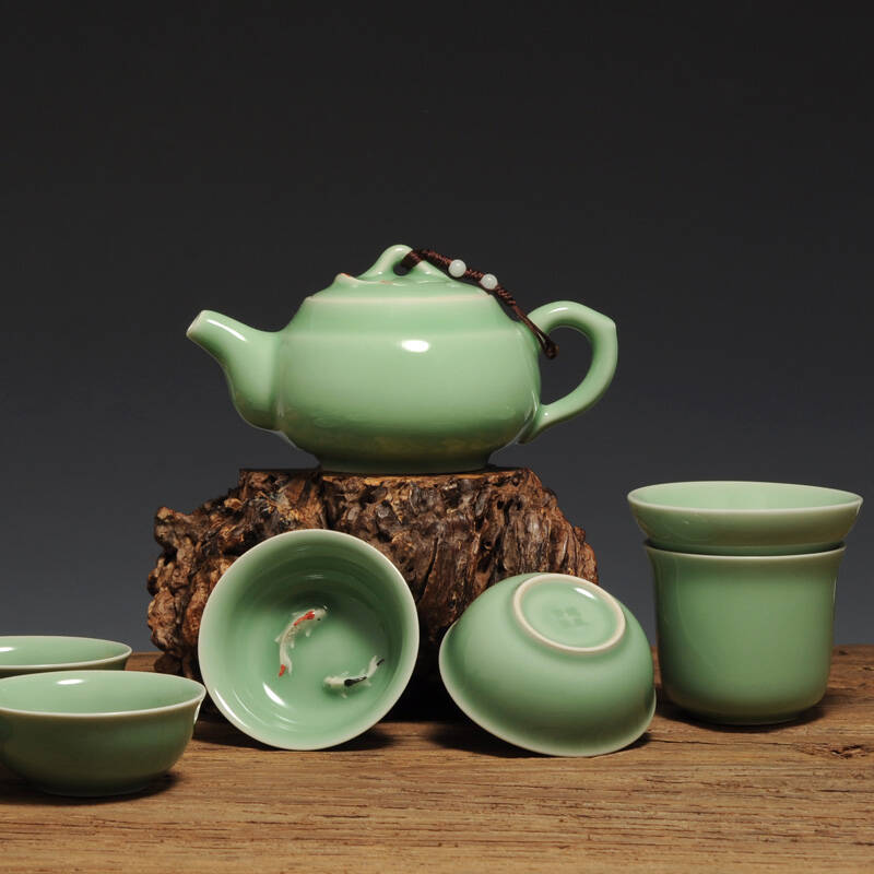 尚唐 茶具 游乐龙泉青瓷茶具套装 手绘鲤鱼功夫品茗杯 梅子青 弟窑