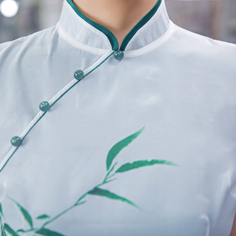 [秀观唐]玉竹2016夏装新款珠扣手绘青竹旗袍改良时尚复古旗袍裙 绿色