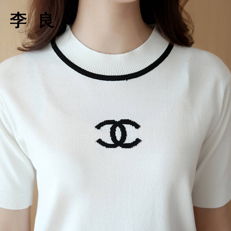韩版修身小香风香奈儿标志针织衫短袖套头空调衫2016春装新款 白色