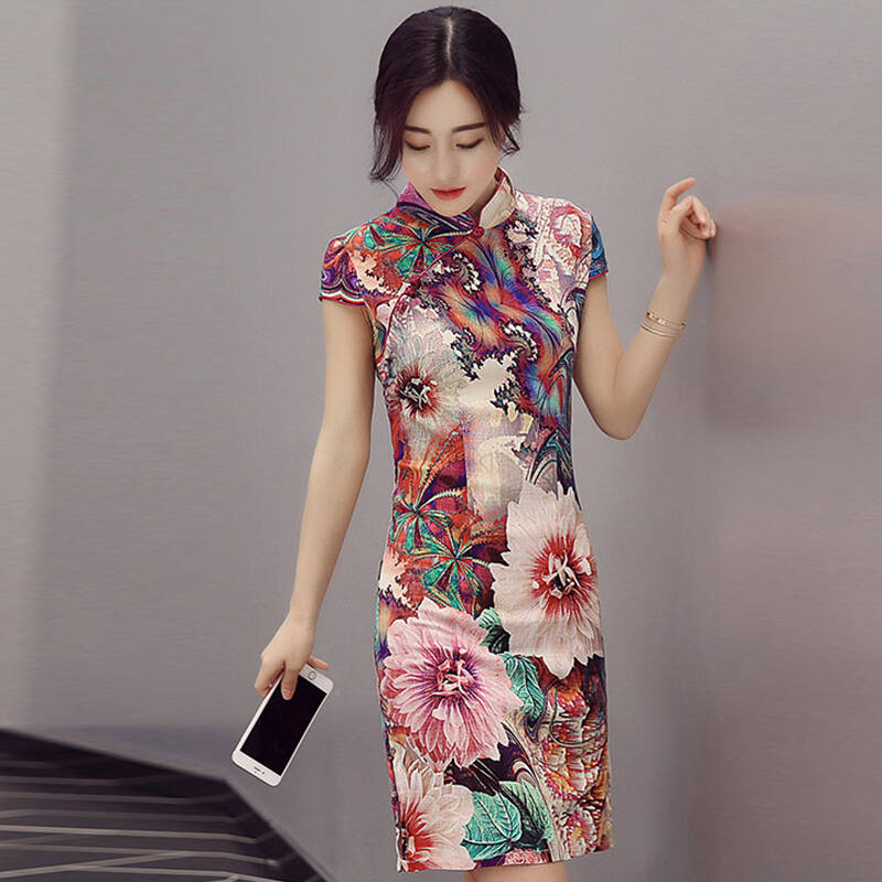 赛丘古典风短袖印花修身显瘦中长款立领旗袍连衣裙8636 红色 m