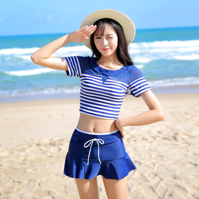 16061 海军条纹泳衣女分体裙式两件套 短袖小胸聚拢性感游泳衣女 丈