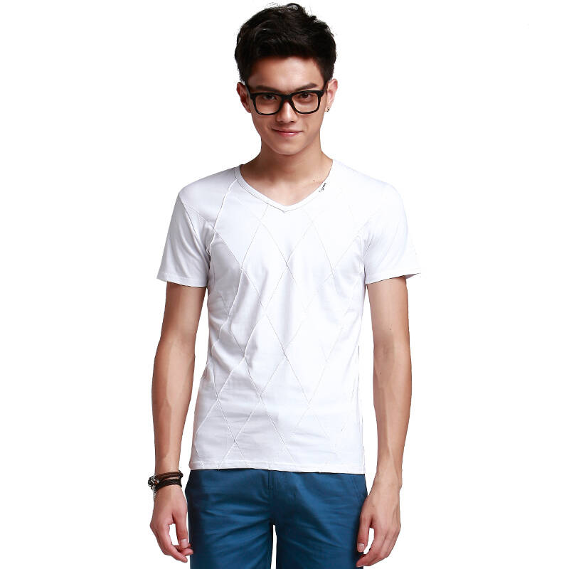 香港msek 2014 男士短袖t恤衫 修身体恤 v领圆领tee tshirt 白色 xxl