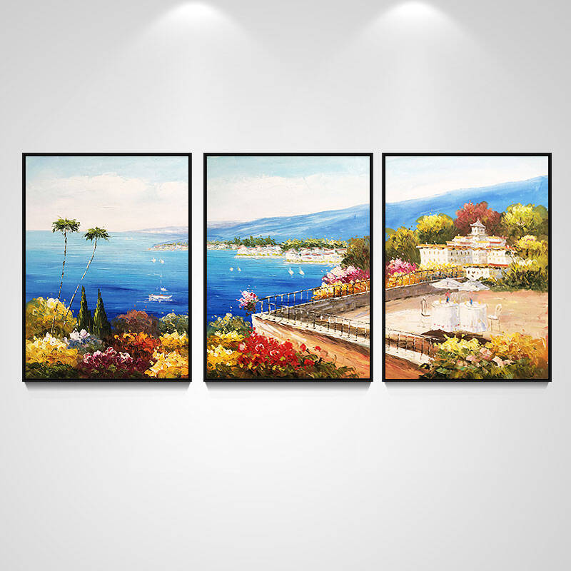 乐逸客厅装饰画风景画有框三联画地中海欧式山水画手绘油画 海边阳台
