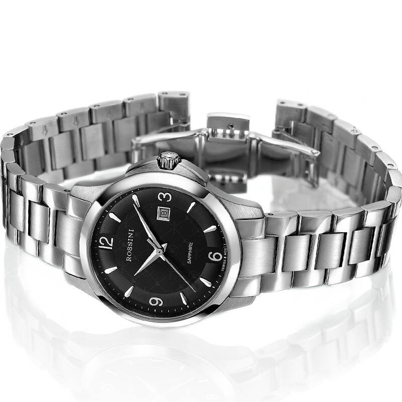 罗西尼(rossini)手表雅尊商务系列黑盘钢带日历蓝宝石镜面防水瑞士