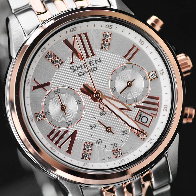 卡西欧(casio)女表 sheen优雅系列时尚间金镶钻三眼复古石英手表 she